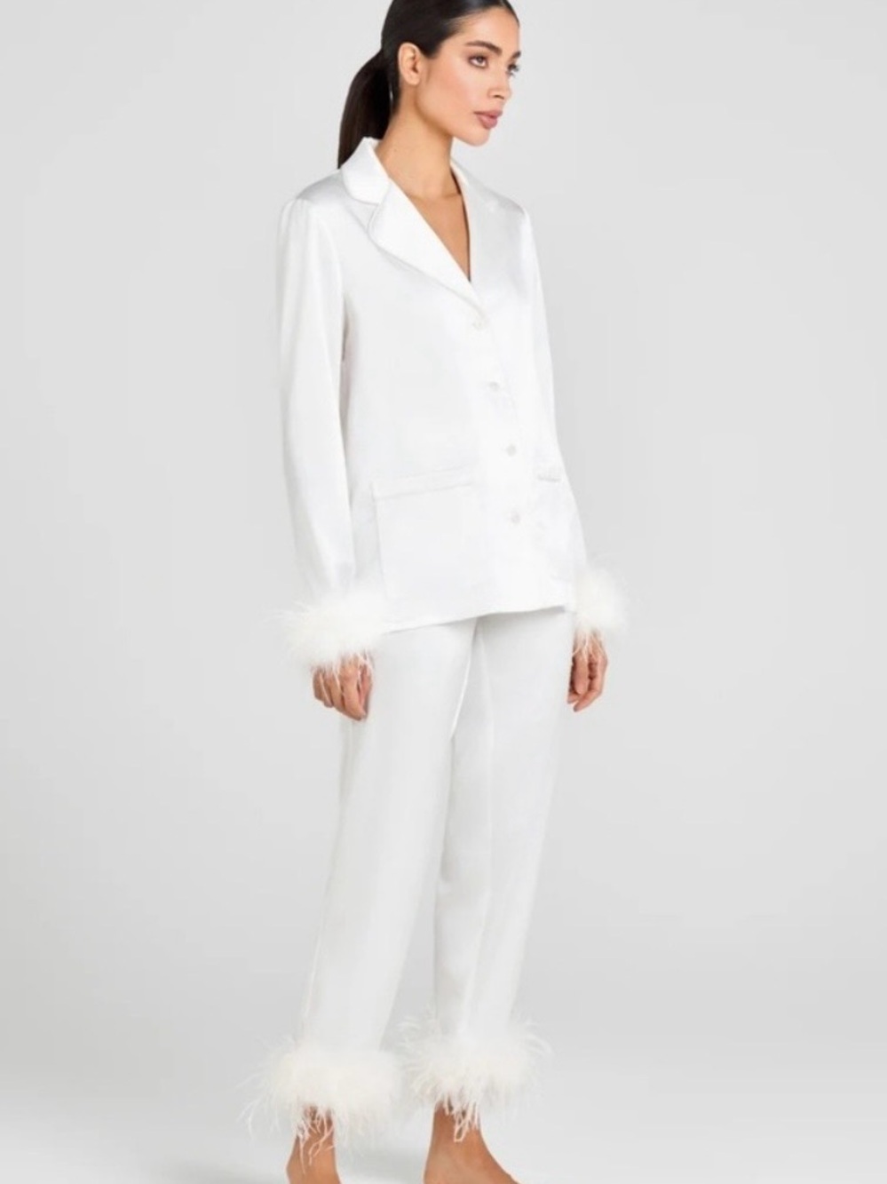 NADINE MERABI White Feather-Trim Satin Pajama Set - Picture 3 of 3